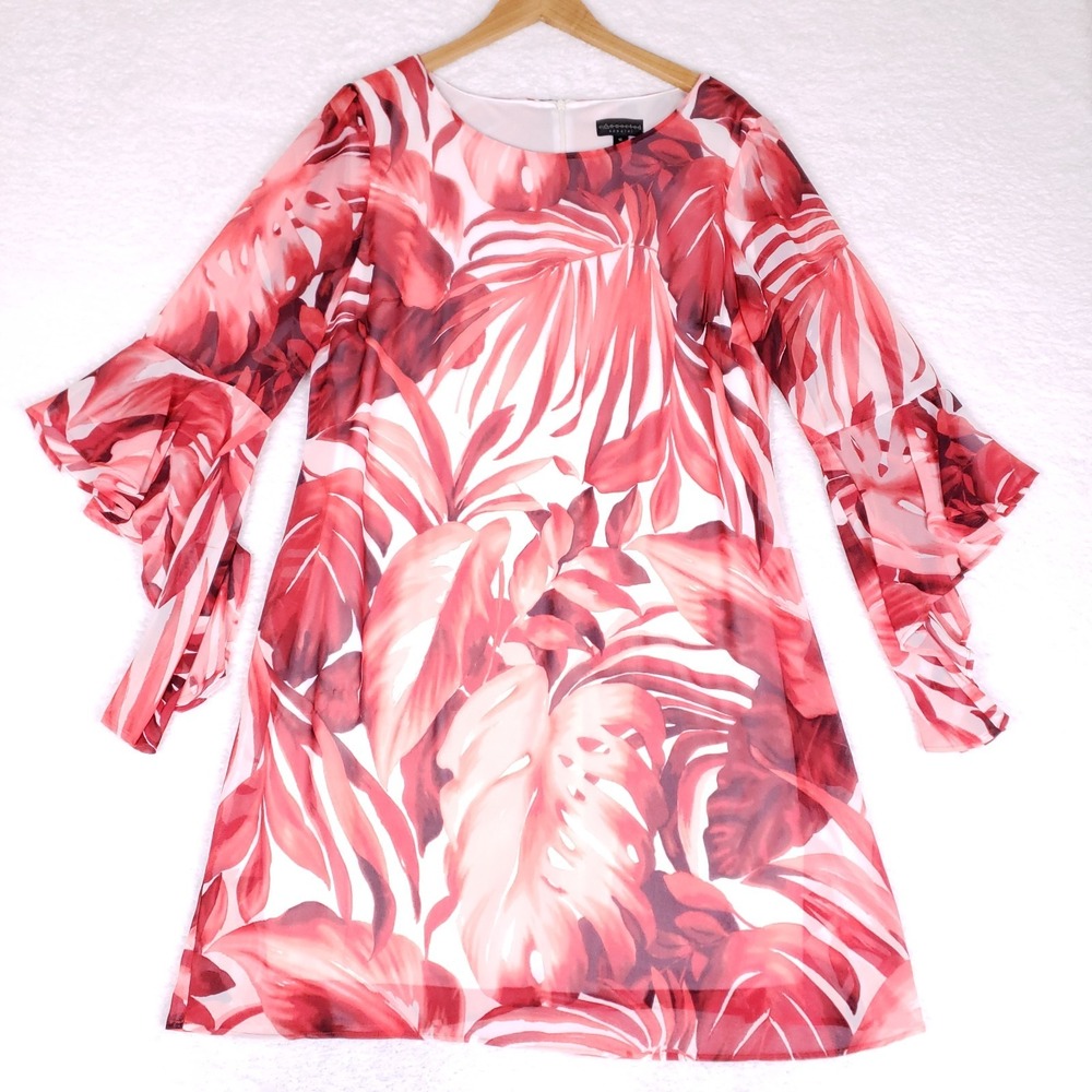 Connected Apparel Dress Women's 16 Bell Sleeve Shift Tropical‎ Red Leaf Print